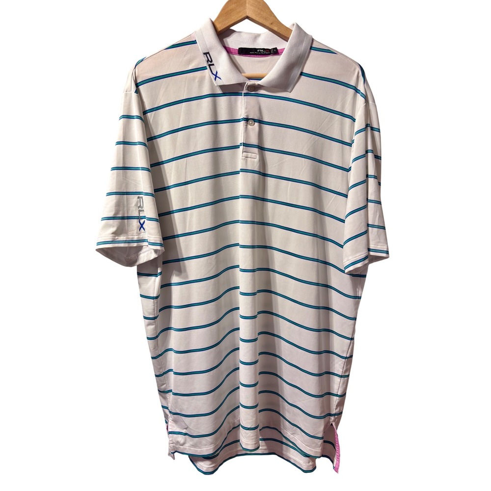 RLX Ralph Lauren Polo Shirt Mens XL White Striped Excellent Performance Golf